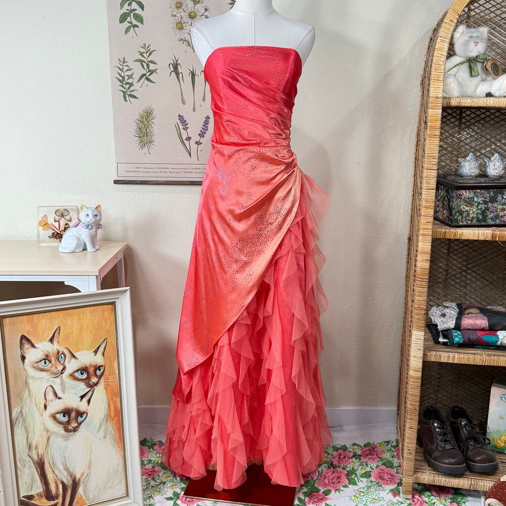 Y2k Glitter Satin Ruffle Ruched Strapless Formal Dress Fairy Whimsy Princess XS